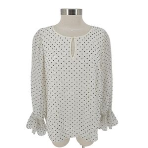Talbots Blouse Off White Polka Dot Gathered Long Sleeve Keyhole Top Petite PL